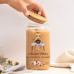 Personalized Floral Cartoon Business Character 20oz Frosted Glass Cup with Name and Straw Daily Travel Essential Birthday Office Gift for Coworker
