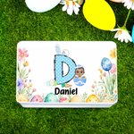 Personalized Floral Bunny Initial Easter Egg Character Biscuit Tin Box with Name Easter Party Storage Accessories Gift for Boys Girls