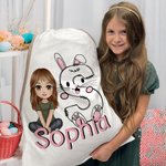 Gepersonaliseerde schattige cartoonfiguur Bunny Chick initiële Drawstring Treat Bag met naam Pasen verjaardag Party Gift voor jongens meisjes