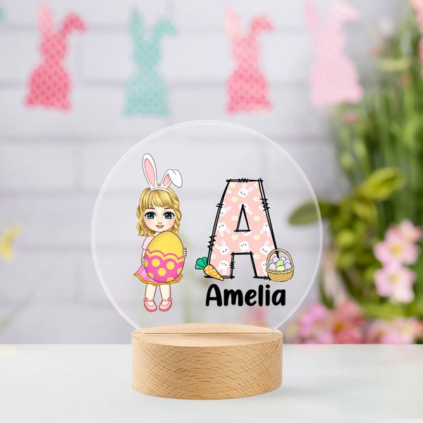 Uovo di Pasqua personalizzato carino in mano Cartoon Boy Girl Initial Luce notturna a LED con base in legno e nome Easter Room Decor Regalo di compleanno per bambini