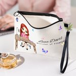 Personalized Butterfly Cartoon Business Woman Linen Wristlet Makeup Bag with Name Birthday Appreciation Office Gift for Colleagues Leaders