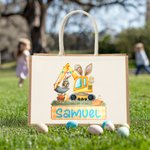 Personalized Cute Easter Bunny Excavator Jute Tote Bag with Name Easter Egg Hunting Party Gift for Boys Girls