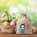 Personalized Cartoon Character Birth Flower Drawstring Jute Treat Bag with Name Easter Eggs Hunts Birthday Gift for Family Friend