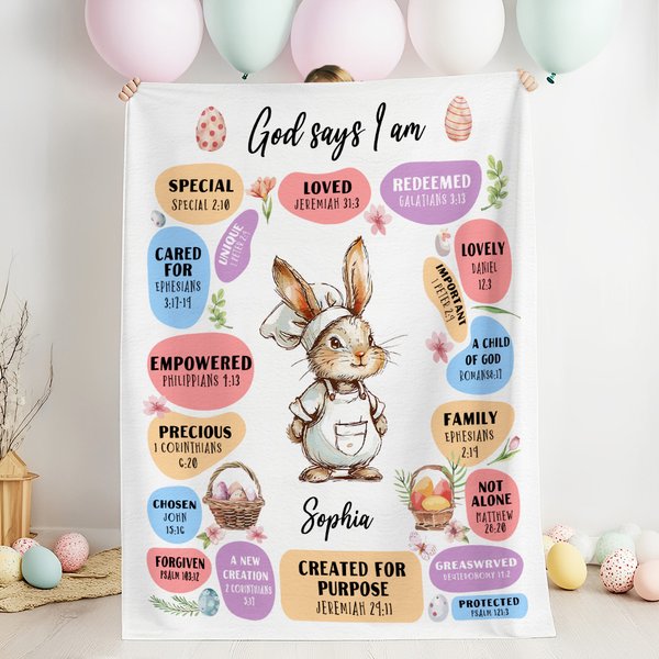 Personalised God Says I Am Dream Job Bunny Soft Throw Blanket with Name Home Decor Easter Gift for Kids Christian Families