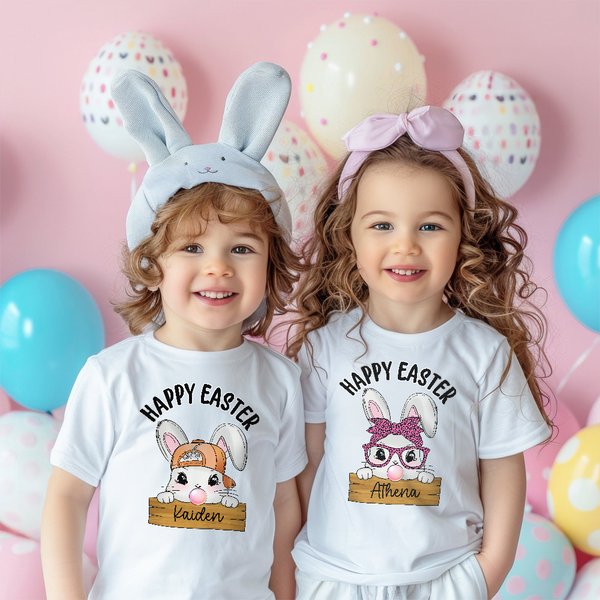 Personalized Happy Easter Cute Bunny 100% Cotton T-shirt Sweatshirt Hoodie with Name Easter Party Gift for Boys Girls