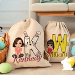 Gepersonaliseerde schattige cartoonfiguur Bunny Chick initiële Drawstring Treat Bag met naam Pasen verjaardag Party Gift voor jongens meisjes