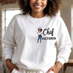 Gepersonaliseerde Chef-kok Cartoon Karakter Vrouwen Crewneck T-shirt Sweatshirt met Naam Verjaardag Waardering Gift voor Koken Lovers