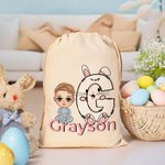Gepersonaliseerde schattige cartoonfiguur Bunny Chick initiële Drawstring Treat Bag met naam Pasen verjaardag Party Gift voor jongens meisjes