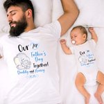 Personalised Cute Elephant Our First Father's Day T-shirt 100% Cotton Baby Onesie Dad and Baby Set with Name Gift for Dad Baby