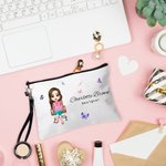 Personalized Butterfly Cartoon Business Woman Linen Wristlet Makeup Bag with Name Birthday Appreciation Office Gift for Colleagues Leaders