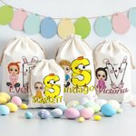 Gepersonaliseerde schattige cartoonfiguur Bunny Chick initiële Drawstring Treat Bag met naam Pasen verjaardag Party Gift voor jongens meisjes