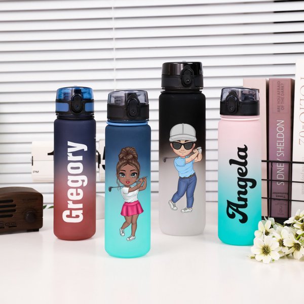 Bouteille d'Eau Étanche Personnalisée avec Personnage Sportif et Nom Bouteille avec Couvercle et Sangle Cadeau Anniversaire pour Amateurs de Gym Golf