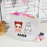 Personalisierte Cartoon-Charakter Hase Küken Initial Eimer Tasche mit Initialen und Namen Ostereierjagd Korb Geburtstag Party Geschenke für Kinder