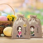 Personalized Cartoon Character Birth Flower Drawstring Jute Treat Bag with Name Easter Eggs Hunts Birthday Gift for Family Friend