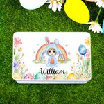 Personalized Rainbow Bunny Suit Cartoon Character Biscuit Tin Box with Name Easter Party Storage Accessories Gift for Boys Girls