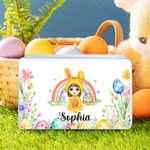 Personalized Rainbow Bunny Suit Cartoon Character Biscuit Tin Box with Name Easter Party Storage Accessories Gift for Boys Girls