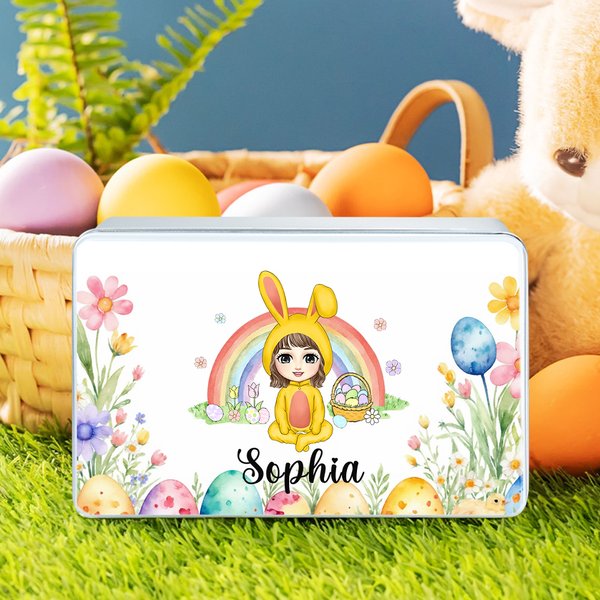 Personalized Rainbow Bunny Suit Cartoon Character Biscuit Tin Box with Name Easter Party Storage Accessories Gift for Boys Girls