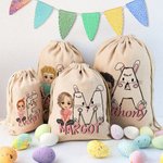 Gepersonaliseerde schattige cartoonfiguur Bunny Chick initiële Drawstring Treat Bag met naam Pasen verjaardag Party Gift voor jongens meisjes