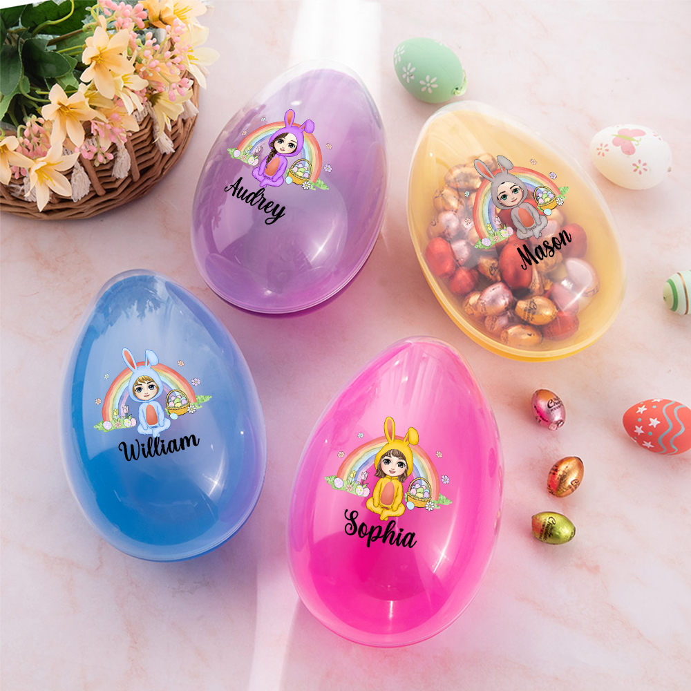 Oeuf de Pâques personnalisable à remplir avec le nom d'un lapin en costume arc-en-ciel Cadeau de fête de Pâques pour les garçons et les filles
