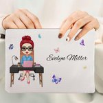 Personalized Butterfly Cartoon Business Woman Linen Wristlet Makeup Bag with Name Birthday Appreciation Office Gift for Colleagues Leaders