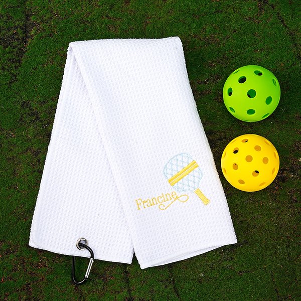 Personalised Embroidered Pickleball Paddle Design Waffle Towel with Name and Hanging Clip Birthday Sport Accessories Gift for Pickleball Sport Lover