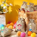 Personalized Cartoon Character Birth Flower Drawstring Jute Treat Bag with Name Easter Eggs Hunts Birthday Gift for Family Friend