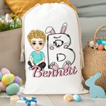 Gepersonaliseerde schattige cartoonfiguur Bunny Chick initiële Drawstring Treat Bag met naam Pasen verjaardag Party Gift voor jongens meisjes