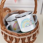 Personalized Cute Rainbow Easter Bunny 11oz Enamel Mug with Name Easter Party Birthday Gift for Kids