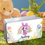 Personalized Rainbow Bunny Suit Cartoon Character Biscuit Tin Box with Name Easter Party Storage Accessories Gift for Boys Girls