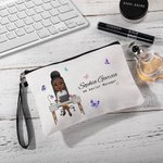 Personalized Butterfly Cartoon Business Woman Linen Wristlet Makeup Bag with Name Birthday Appreciation Office Gift for Colleagues Leaders