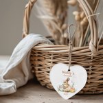 Personalisierte erste Ostern herzförmige Keramik Korb Namensschild mit Ostereiern Bunny Ostern Erinnerungsgeschenk für Kinder