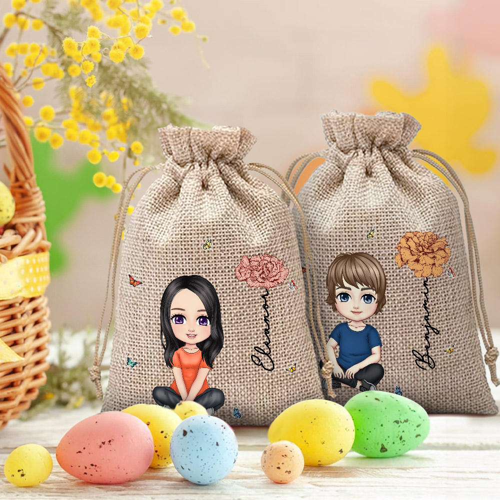 Sac en toile de jute personnalisé avec le nom d'un personnage de dessin animé, d'une fleur de naissance, d'œufs de Pâques, d'une chasse, d'un anniversaire, d'une famille, d'un ami...