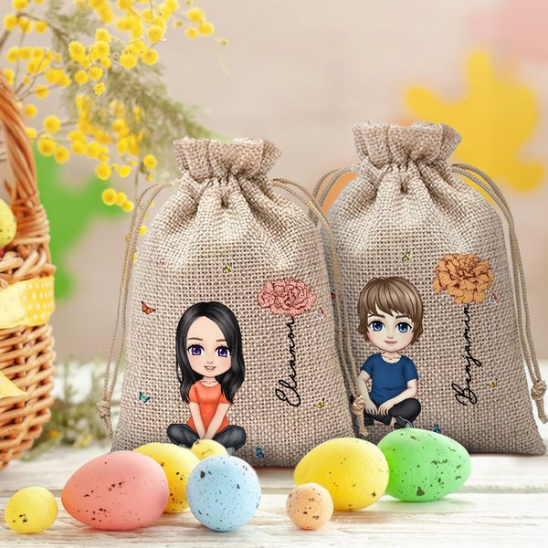 Personalisierte Cartoon Charakter Geburt Blume Drawstring Jute behandeln Tasche mit Namen Ostereier jagt Geburtstag Geschenk für Familie Freund