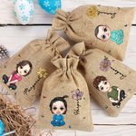 Personalized Cartoon Character Birth Flower Drawstring Jute Treat Bag with Name Easter Eggs Hunts Birthday Gift for Family Friend
