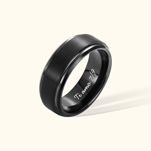 Anello da uomo personalizzato con testo inciso all'interno colore nero in tungsteno regalo di San Valentino anniversario festa del papà per uomini