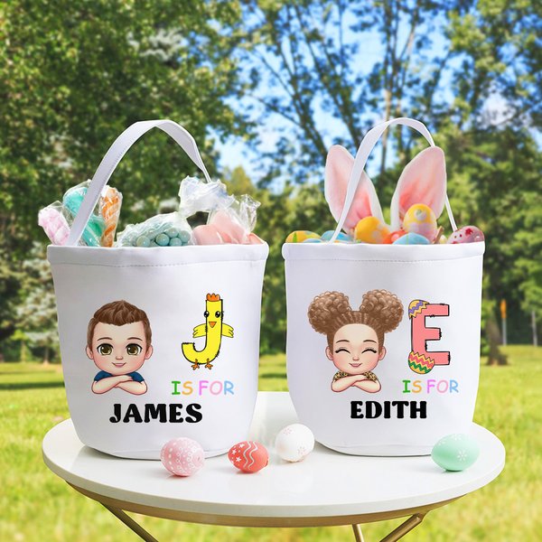 Personalisierte Cartoon-Charakter Hase Küken Initial Eimer Tasche mit Initialen und Namen Ostereierjagd Korb Geburtstag Party Geschenke für Kinder