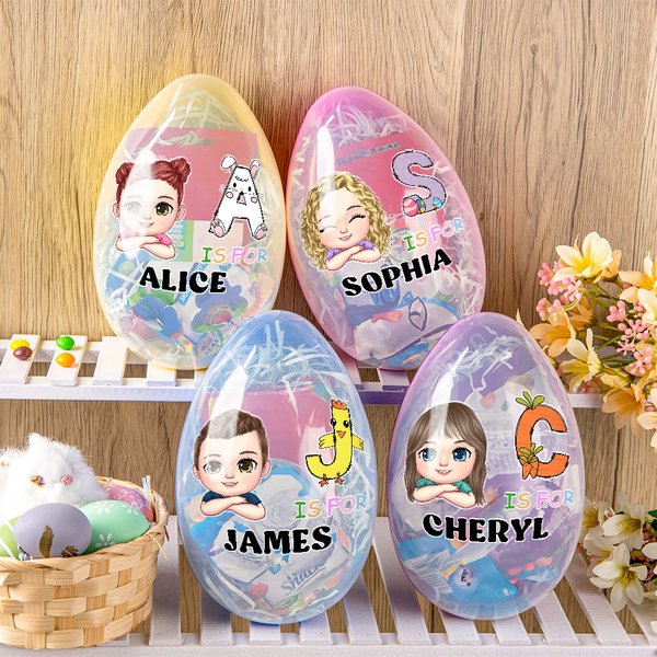 Personalized Cartoon Boy Girl Bunny Chick Initial Fillable Jumbo Easter Egg with Name Holiday Basket Stuffers Birthday Party Favors Gift for Kids