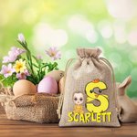 Personalized Cartoon Character Rabbit Chick Initial Drawstring Jute Treat Bag with Name Easter Party Favor Hunting Gift for Boys Girls