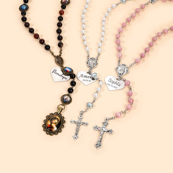 Personalized Engraved Jesus Cross Pendant Catholic Rosary Beads with Heart Name Charm Religious Baptism First Communion Gift for Baby Kids
