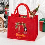 Personalizada Personaje de dibujos animados Acebo Lazo Reutilizable Bolsa de yute roja de regalo con nombre Inicial Navidad Fiesta Regalo para la familia