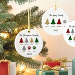 Personalized Christmas Tree Paw Print Round Ceramic Family Ornament with Name Year Christmas Party Decor Gift for Family