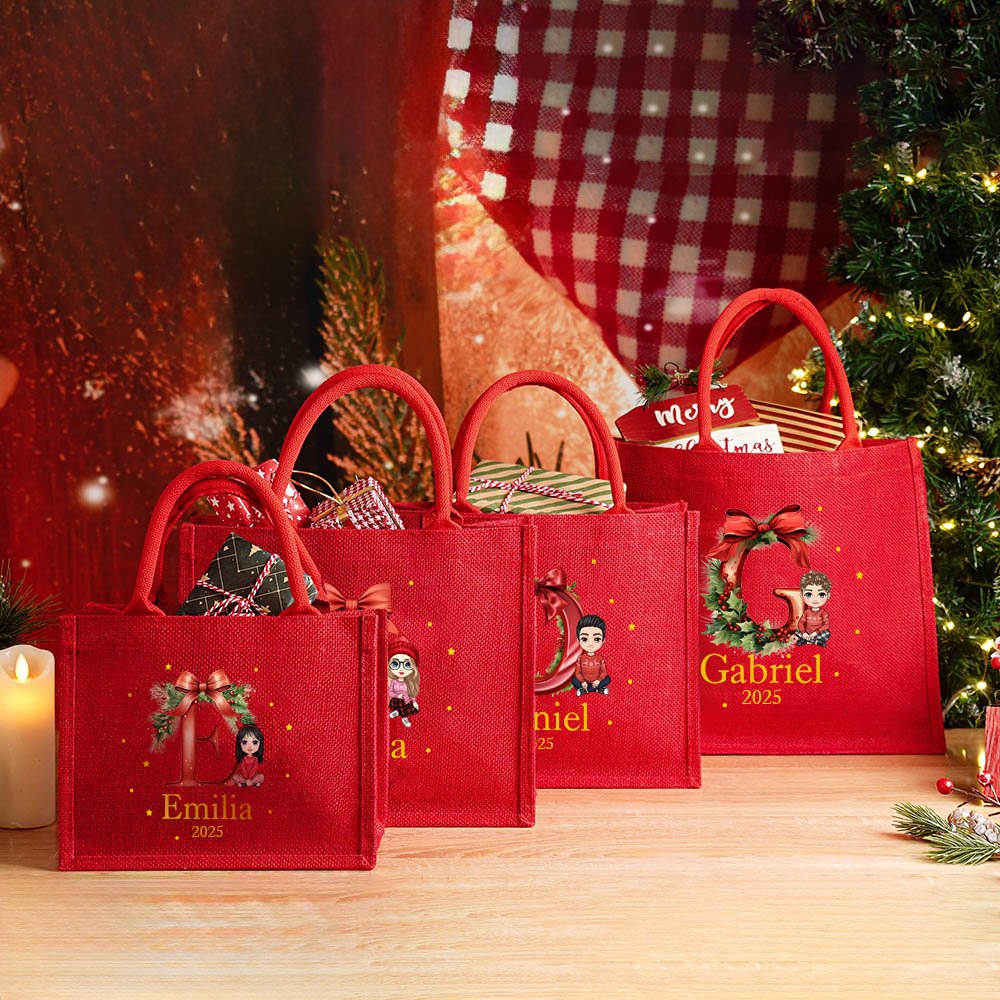 Personalizzato personaggio dei cartoni animati Holly Bow riutilizzabile Borsa regalo in iuta rossa con nome iniziale