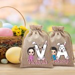 Personalized Cartoon Character Rabbit Chick Initial Drawstring Jute Treat Bag with Name Easter Party Favor Hunting Gift for Boys Girls
