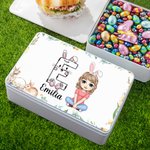 Personalized Cute Easter Bunny Cartoon Character Food-grade Biscuit Storage Tin with Initial and Name Easter Party Gift for Boys Girls