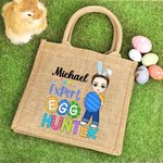 Gepersonaliseerde Schattige Expert Eierjager Cartoon Karakter Jute Tote Bag met Naam Party Favor Paasjacht Gift voor Jongens Meisjes