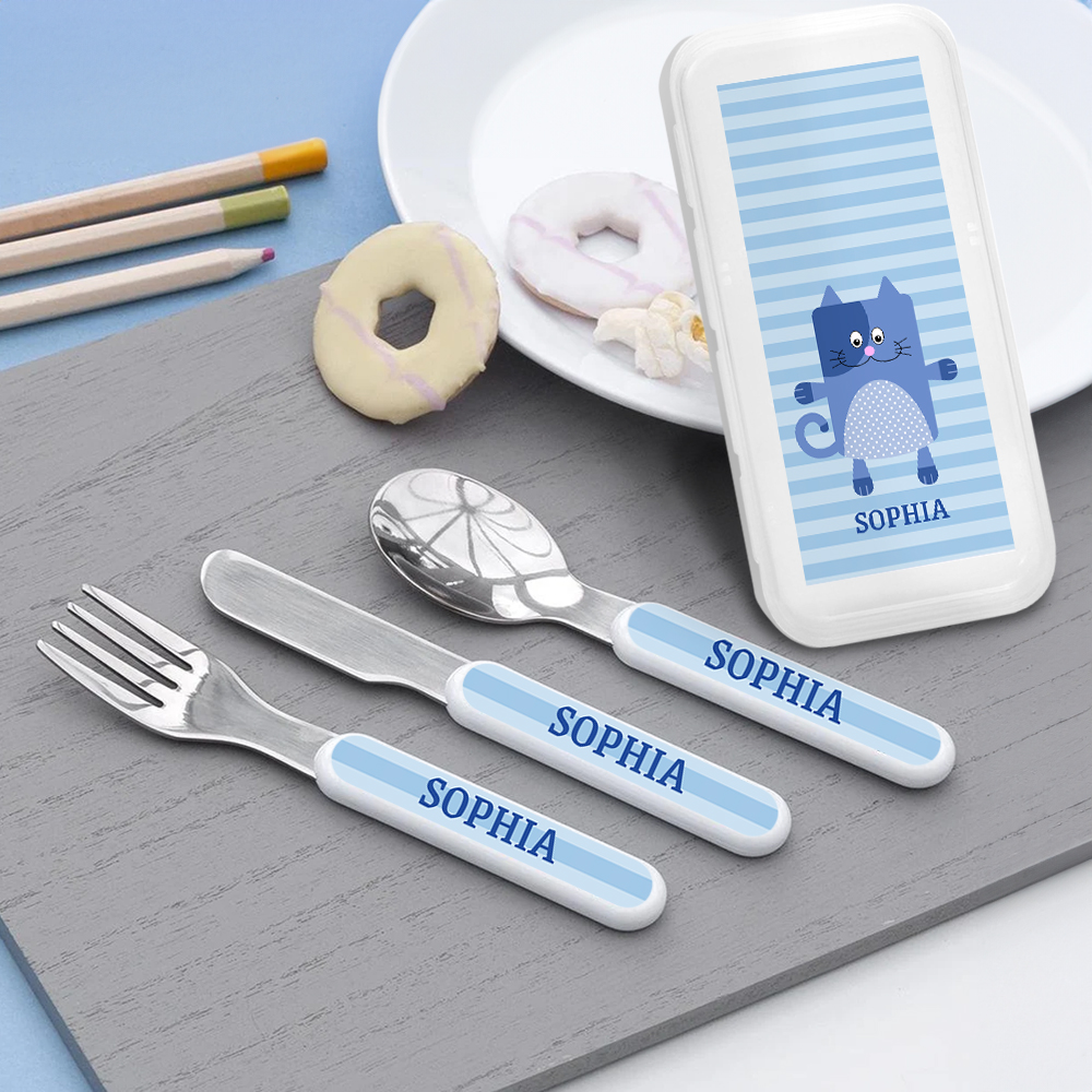 Set de 3 Petits Couverts à Étui Personnalisé avec Nom et Motif d'Animal Cartoon Cadeau Anniversaire Rentrée Scolaire pour Enfants