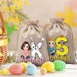 Personalized Cartoon Character Rabbit Chick Initial Drawstring Jute Treat Bag with Name Easter Party Favor Hunting Gift for Boys Girls