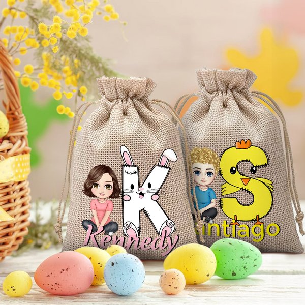 Personalized Cartoon Character Rabbit Chick Initial Drawstring Jute Treat Bag with Name Easter Party Favor Hunting Gift for Boys Girls