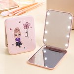 Personalised Cartoon Character Portable LED Double-Sided Compact Makeup Mirror with Birth Flower and Name Birthday Bridesmaid Gift for Women Girls