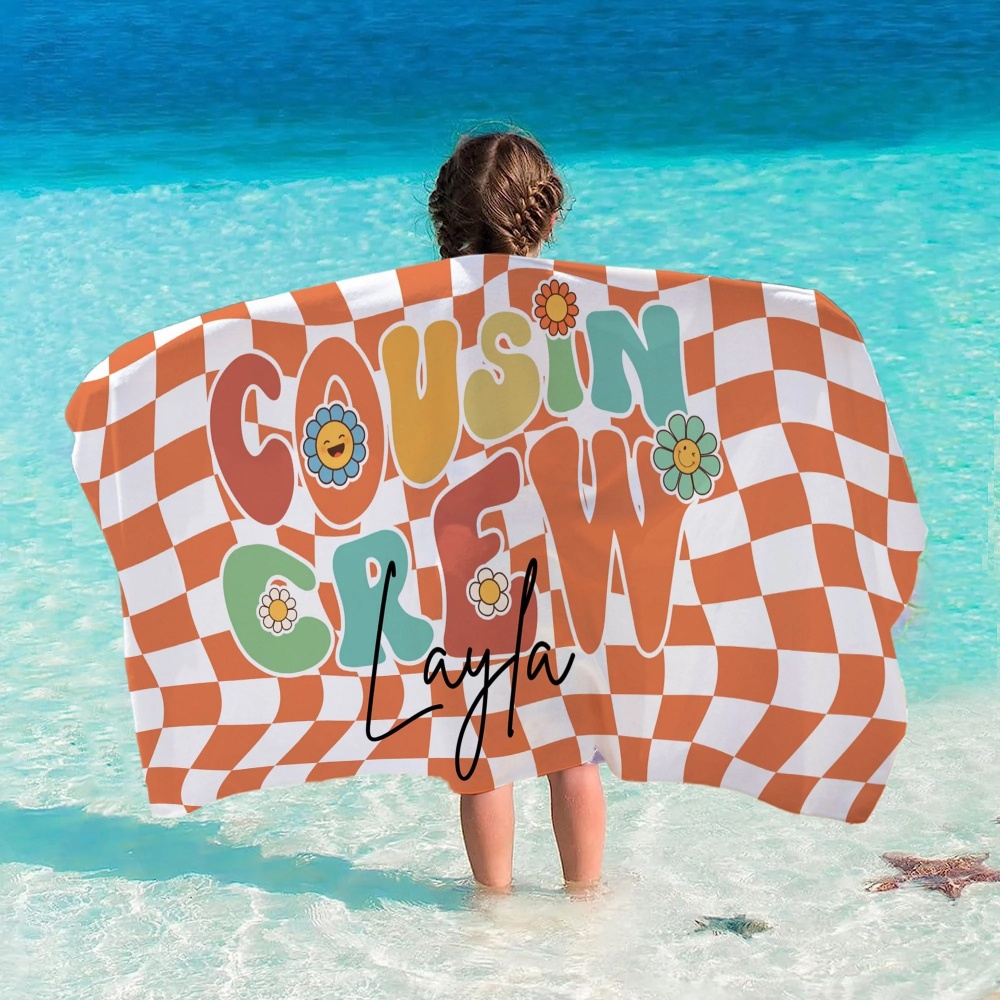 Serviette de Plage Personnalisée avec Nom Thème de Cousin Crew Accessoire à Séchage Rapide Cadeau Anniversaire Vacances pour Famille Enfant